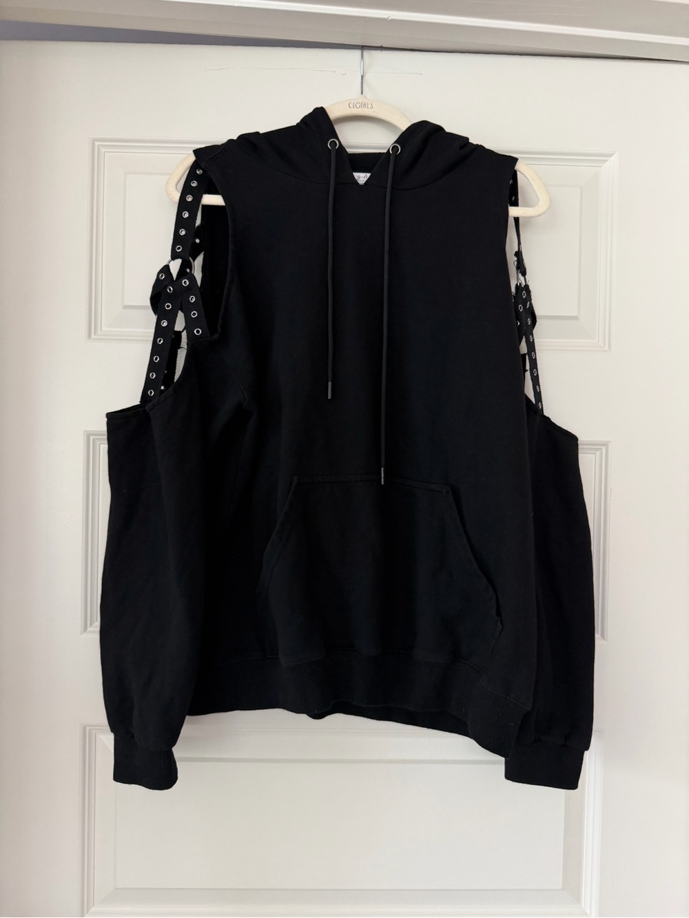 LF Black Cold-Shoulder Hoodie with strap Details